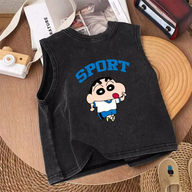 Pure Cotton Sleeveless T-Shirt for Boys Black Vintage - Image 7