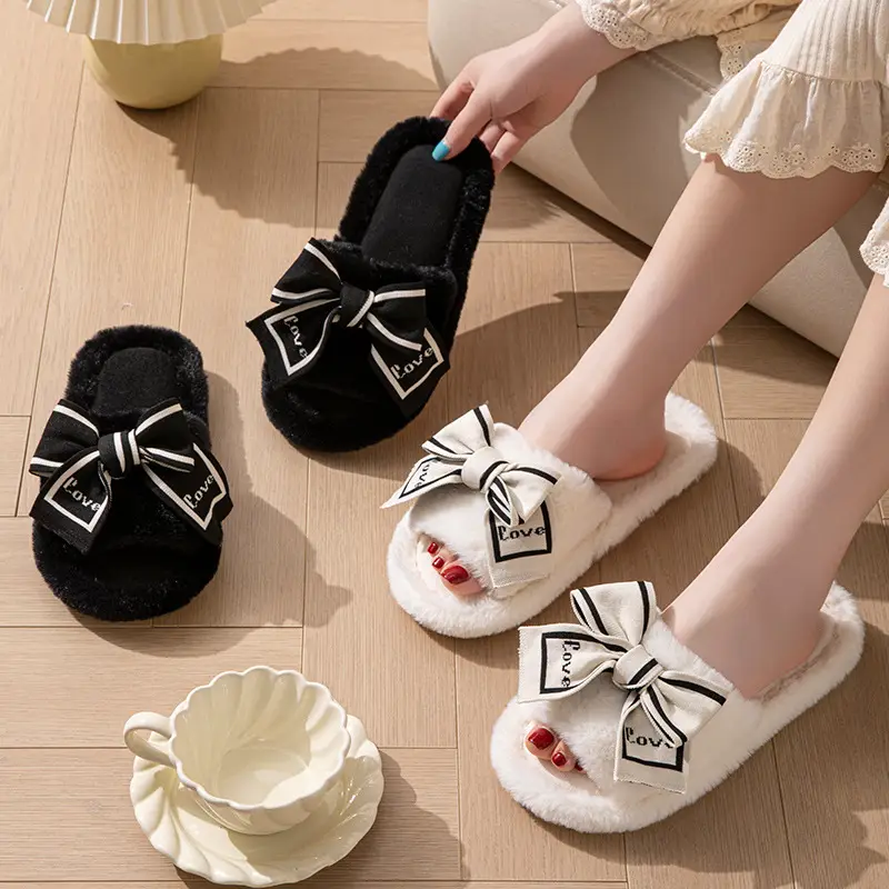Furry Open-Toe Cross-Border Love Bow Women's All-Season Home Wooden Floor Cotton Slippers Furry Slippers