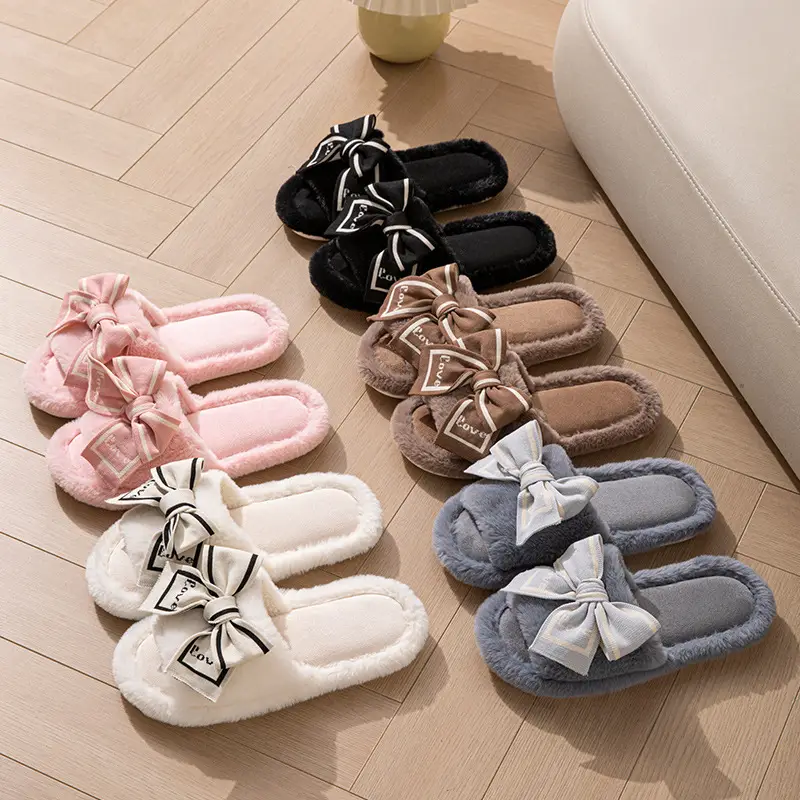 Furry Open-Toe Cross-Border Love Bow Women's All-Season Home Wooden Floor Cotton Slippers Furry Slippers