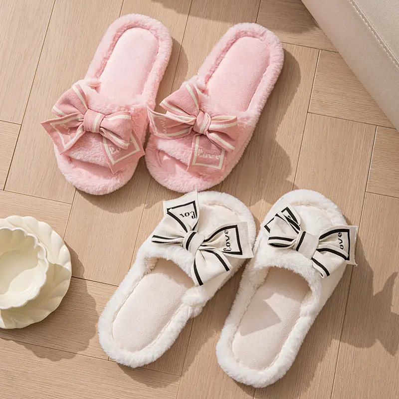 Furry Open-Toe Cross-Border Love Bow Women's All-Season Home Wooden Floor Cotton Slippers Furry Slippers