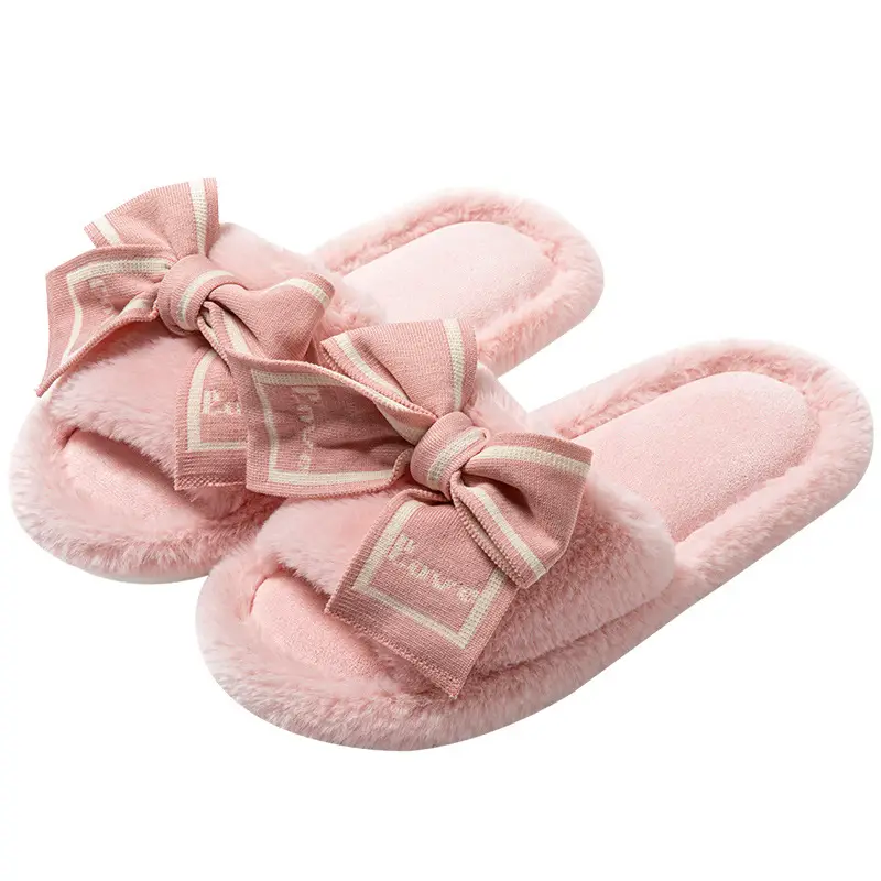 Furry Open-Toe Cross-Border Love Bow Women's All-Season Home Wooden Floor Cotton Slippers Furry Slippers