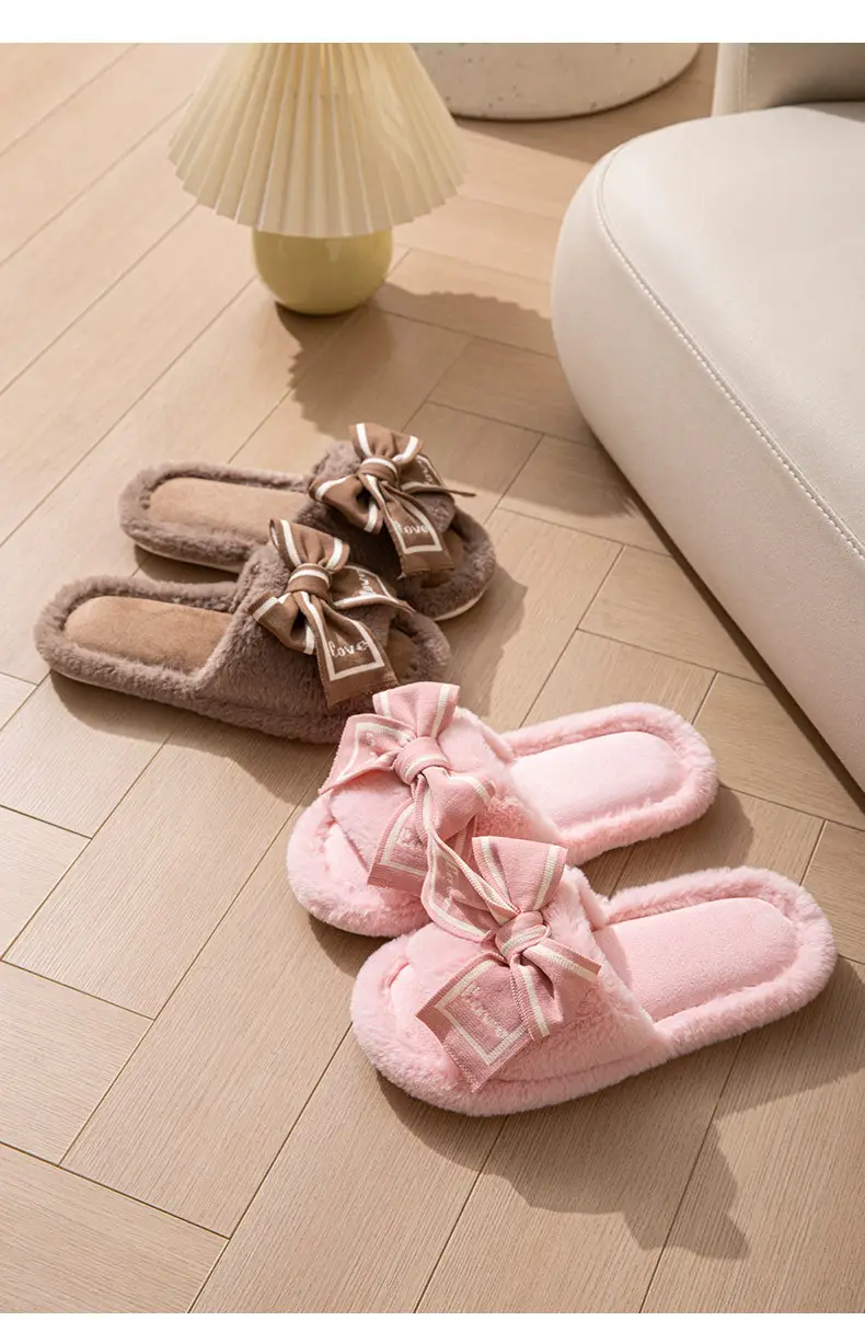Furry Open-Toe Cross-Border Love Bow Women's All-Season Home Wooden Floor Cotton Slippers Furry Slippers — feature 17