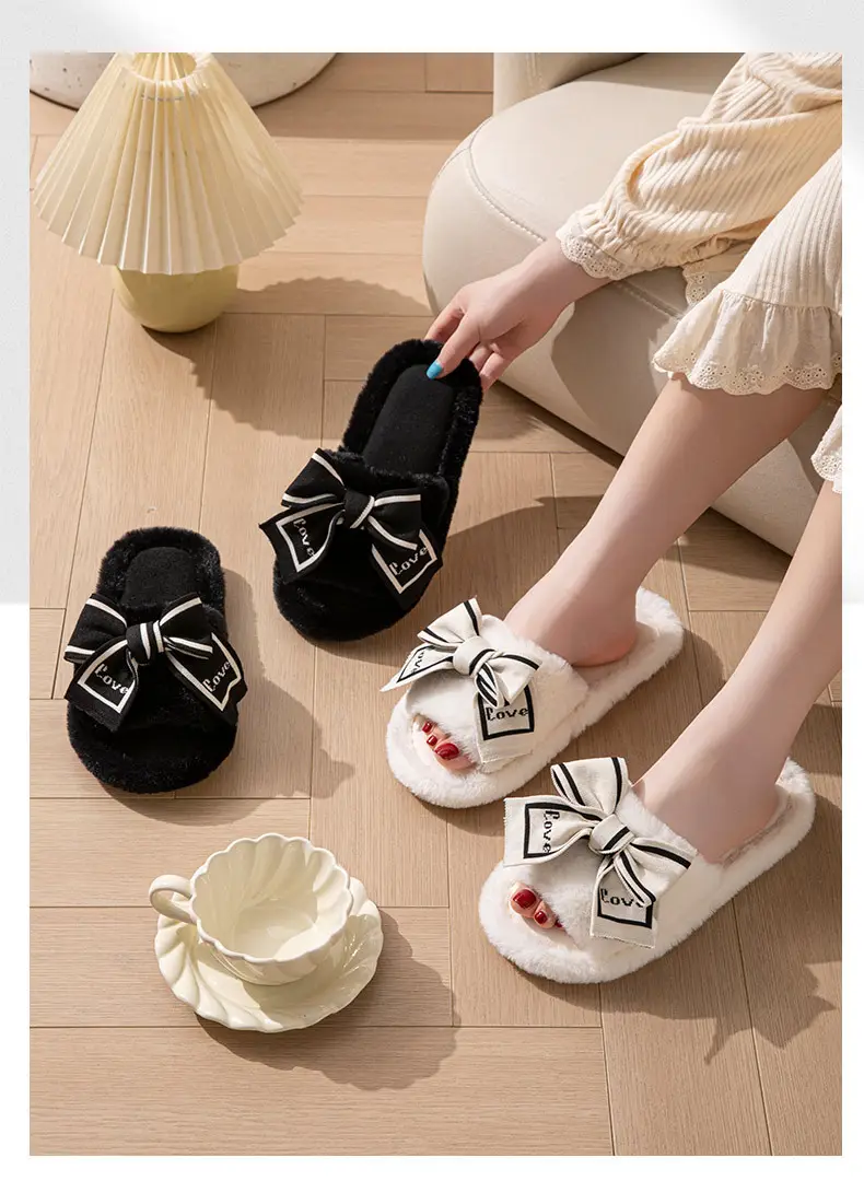 Furry Open-Toe Cross-Border Love Bow Women's All-Season Home Wooden Floor Cotton Slippers Furry Slippers — feature 2
