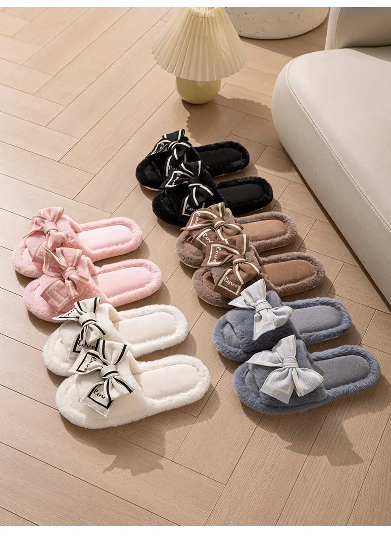 Furry Open-Toe Cross-Border Love Bow Women's All-Season Home Wooden Floor Cotton Slippers Furry Slippers — feature 4