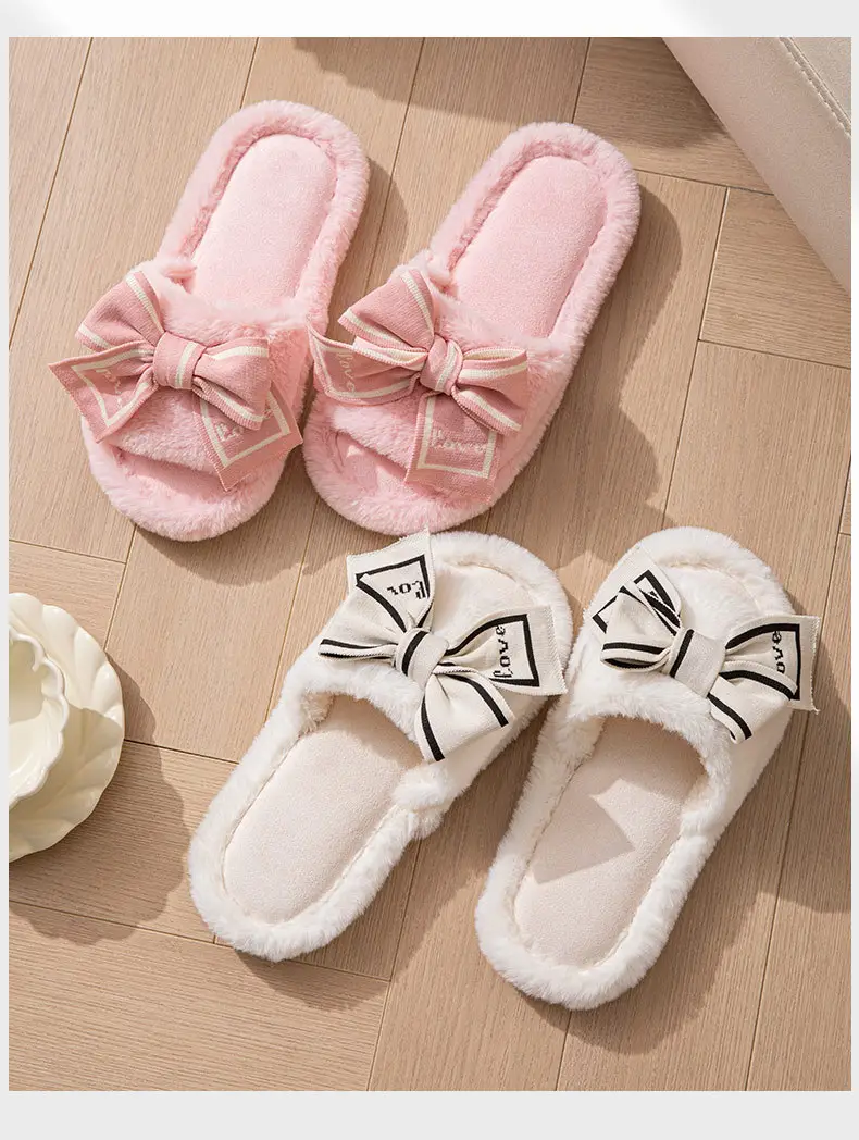 Furry Open-Toe Cross-Border Love Bow Women's All-Season Home Wooden Floor Cotton Slippers Furry Slippers — feature 6