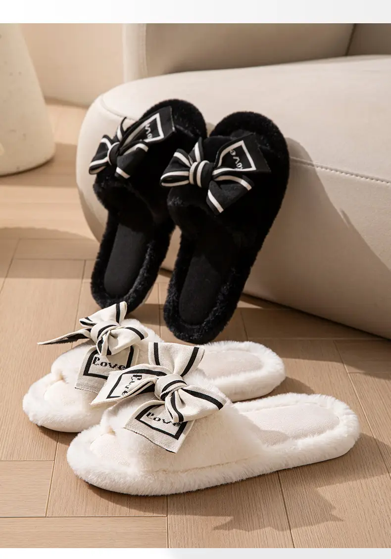 Furry Open-Toe Cross-Border Love Bow Women's All-Season Home Wooden Floor Cotton Slippers Furry Slippers — feature 8