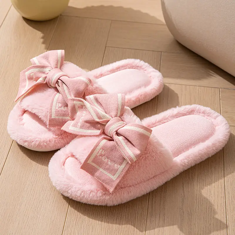 Furry Open-Toe Cross-Border Love Bow Women's All-Season Home Wooden Floor Cotton Slippers Furry Slippers