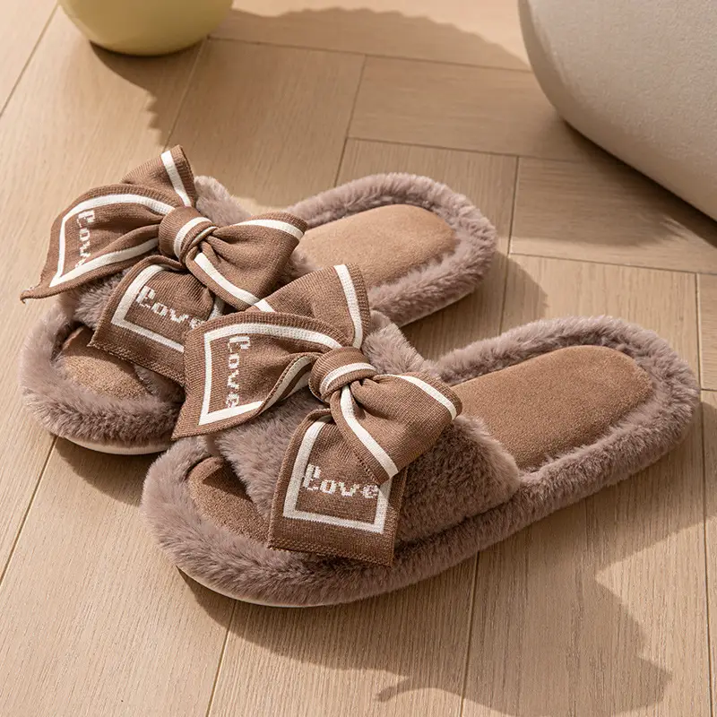 Furry Open-Toe Cross-Border Love Bow Women's All-Season Home Wooden Floor Cotton Slippers Furry Slippers
