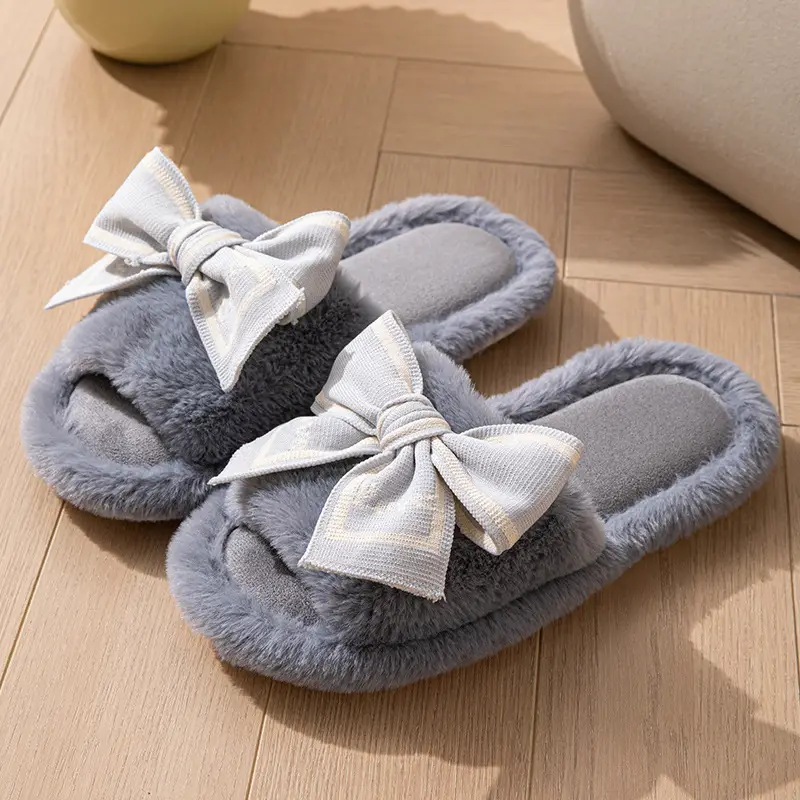 Furry Open-Toe Cross-Border Love Bow Women's All-Season Home Wooden Floor Cotton Slippers Furry Slippers