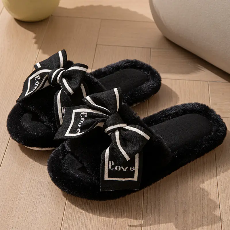 Furry Open-Toe Cross-Border Love Bow Women's All-Season Home Wooden Floor Cotton Slippers Furry Slippers