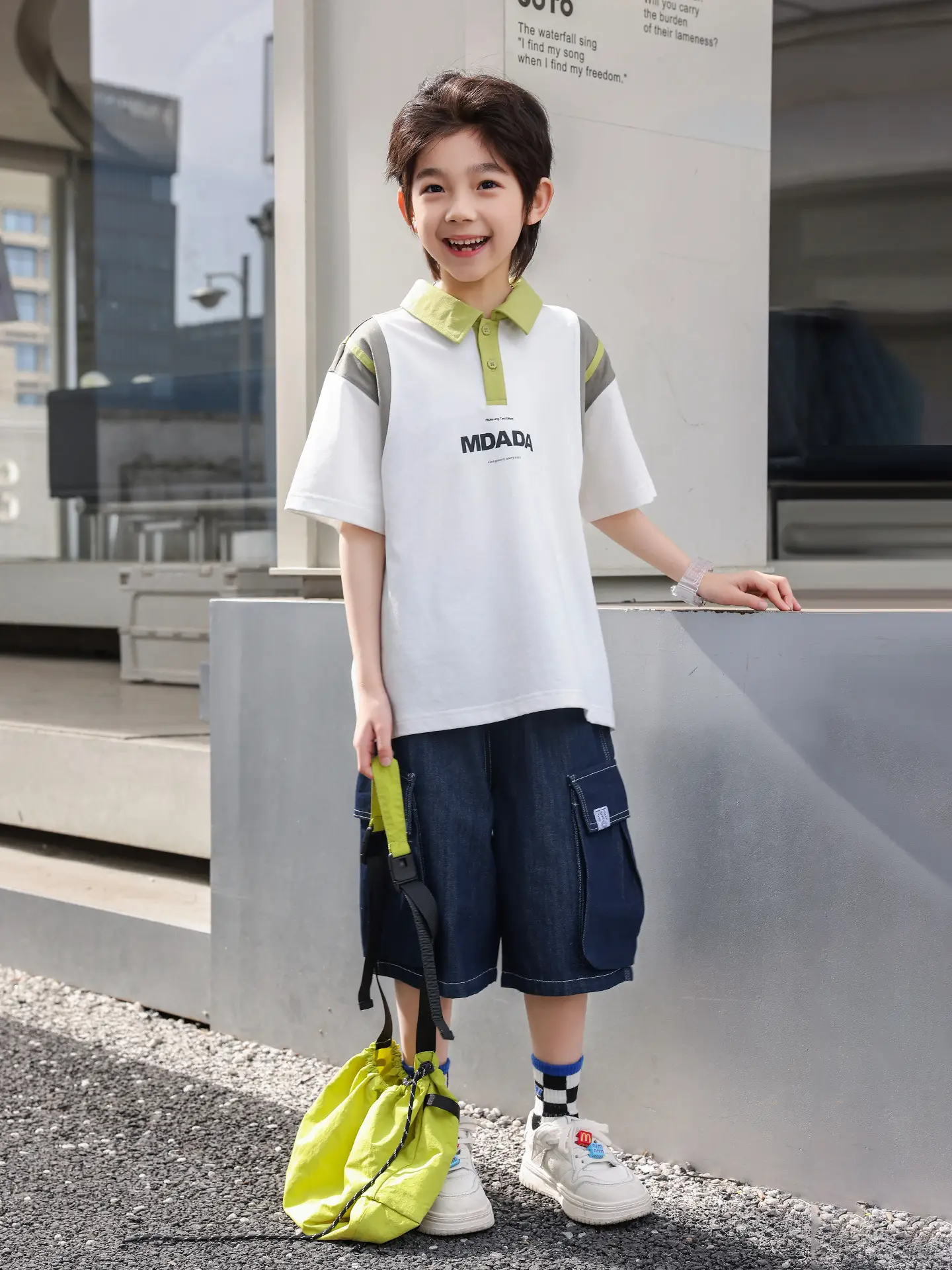 Boys Spliced Polo Shirt White Blue Medium Large