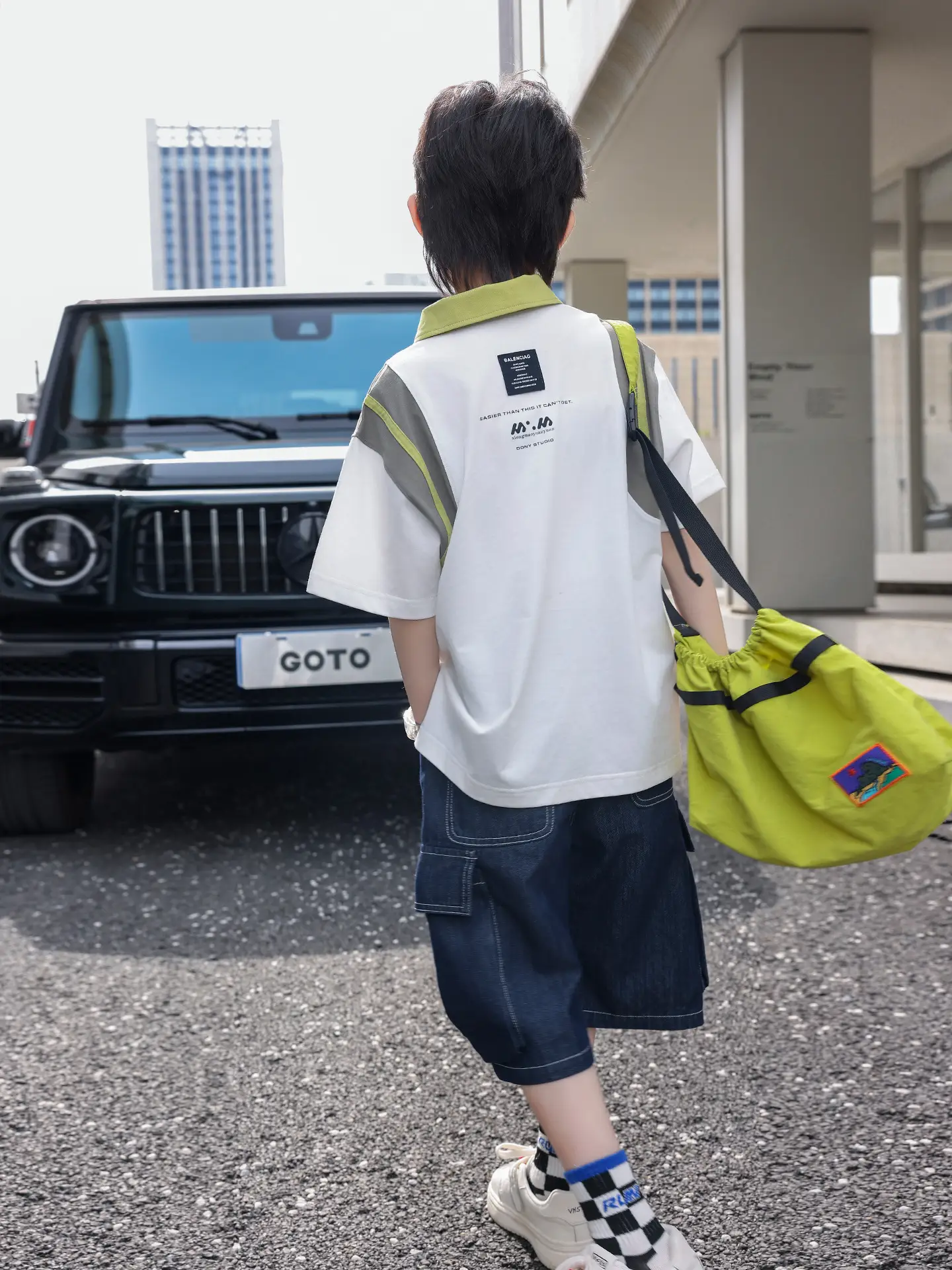 Boys Spliced Polo Shirt White Blue Medium Large