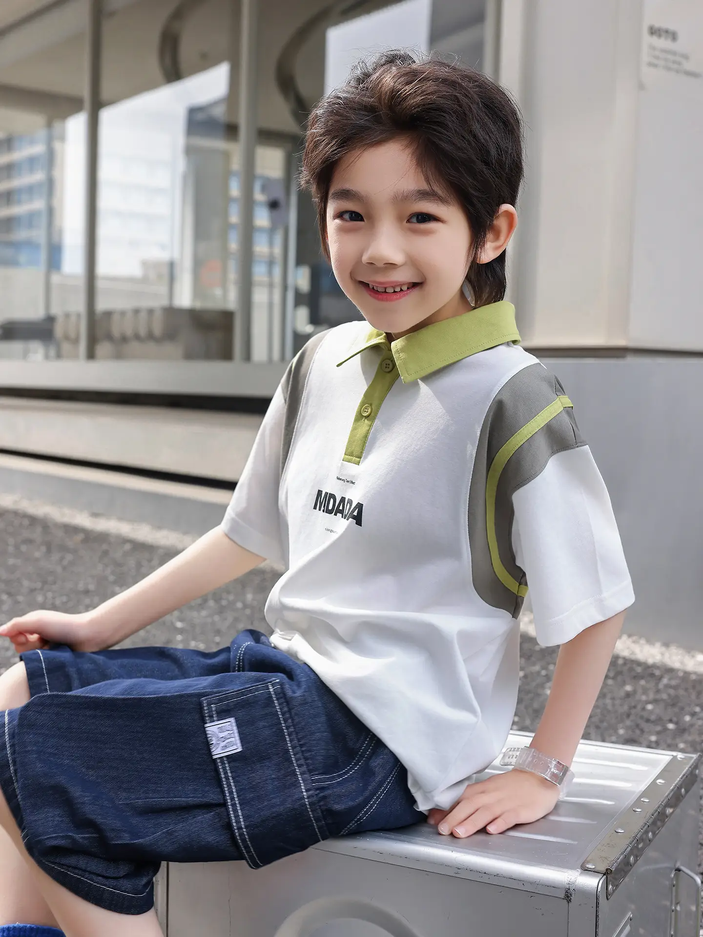 Boys Spliced Polo Shirt White Blue Medium Large