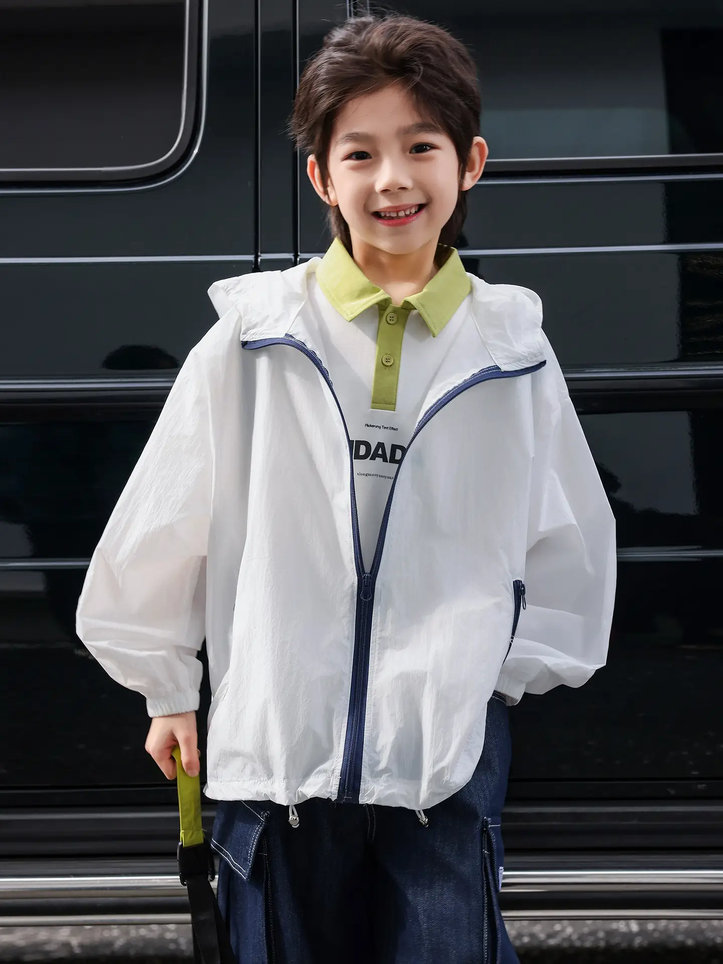 Boys Spliced Polo Shirt White Blue Medium Large
