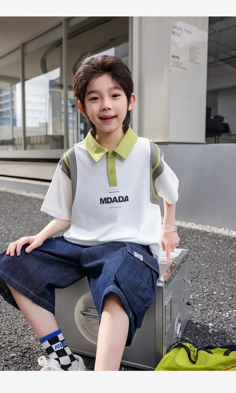 Boys Spliced Polo Shirt White Blue Medium Large — feature 23