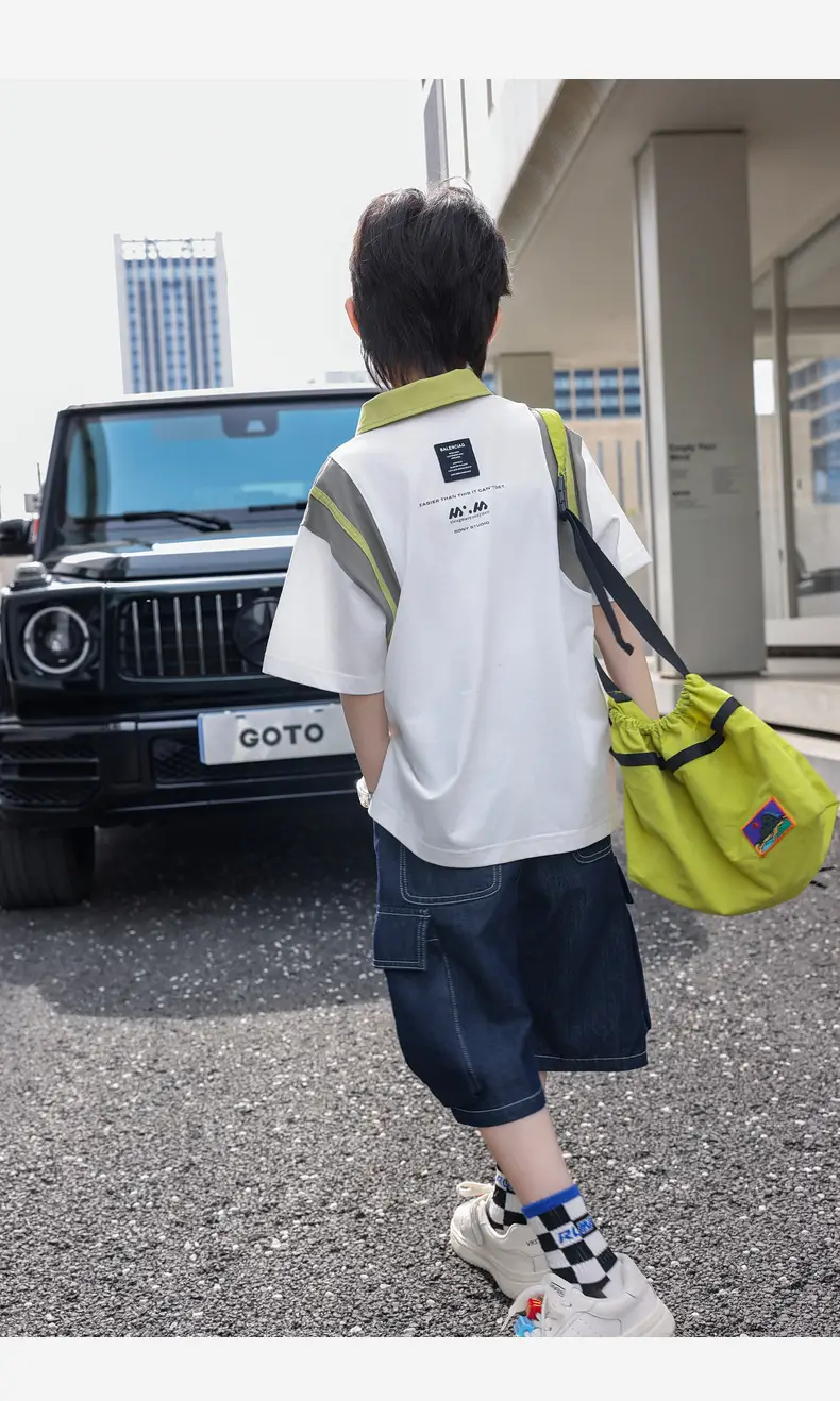 Boys Spliced Polo Shirt White Blue Medium Large — feature 26