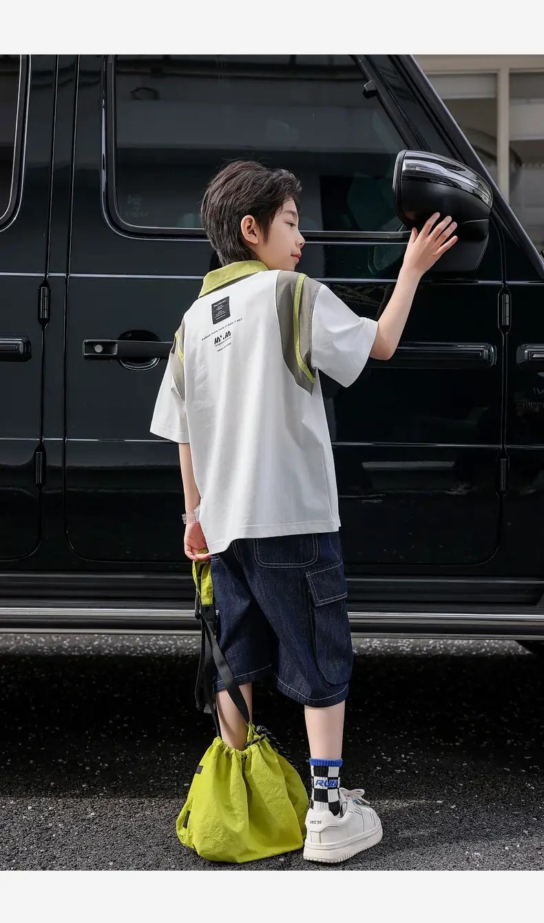 Boys Spliced Polo Shirt White Blue Medium Large — feature 28