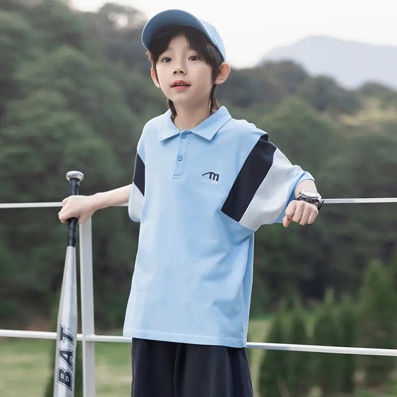 Boys Spliced Polo Shirt White Blue Medium Large
