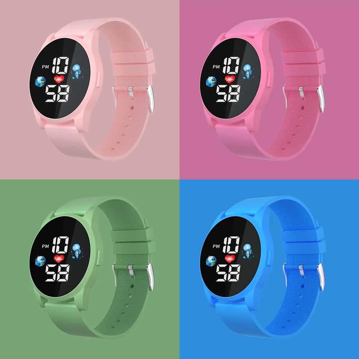 Kids Digital Display Watch Pink Green Sport Wear — feature 6