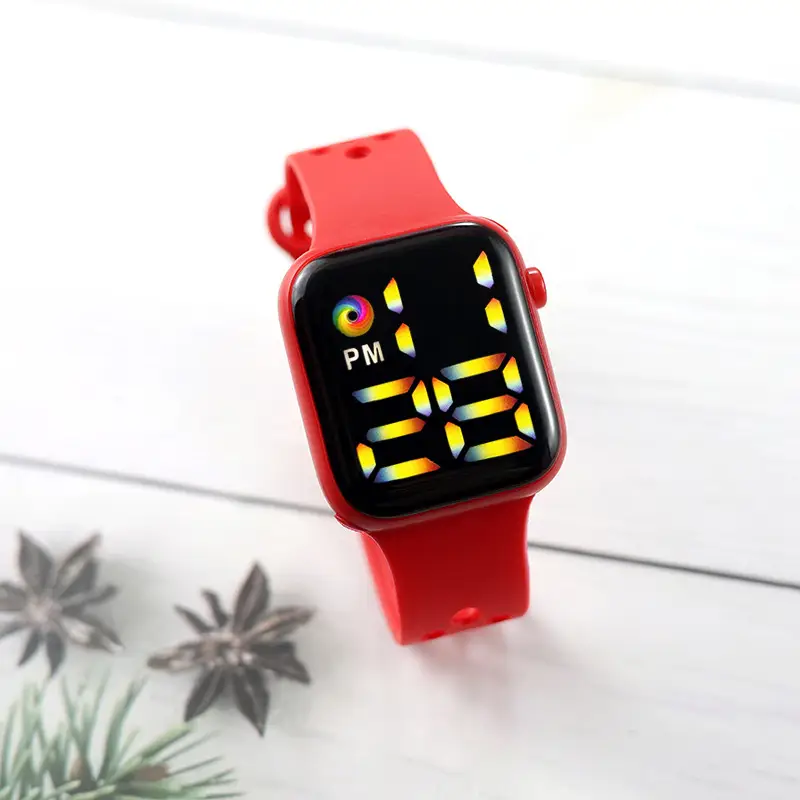 Red Silicone Sport Watch with Rainbow LED Display