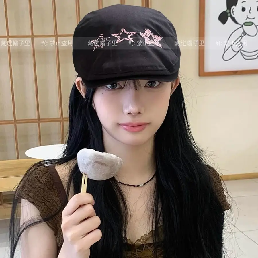 Women Star Embroidered Beret Caps Large Circumference