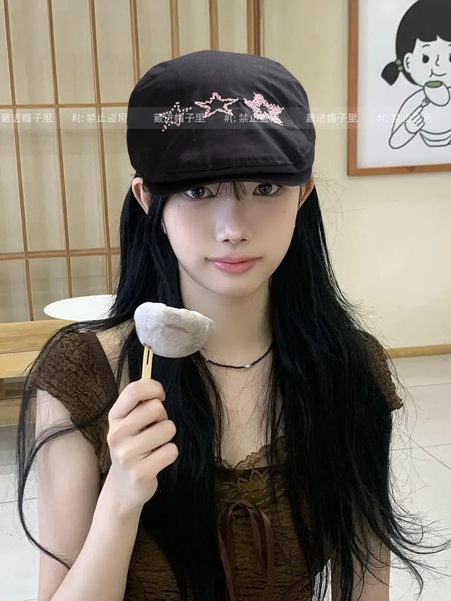 Women Star Embroidered Beret Caps Large Circumference — feature 5