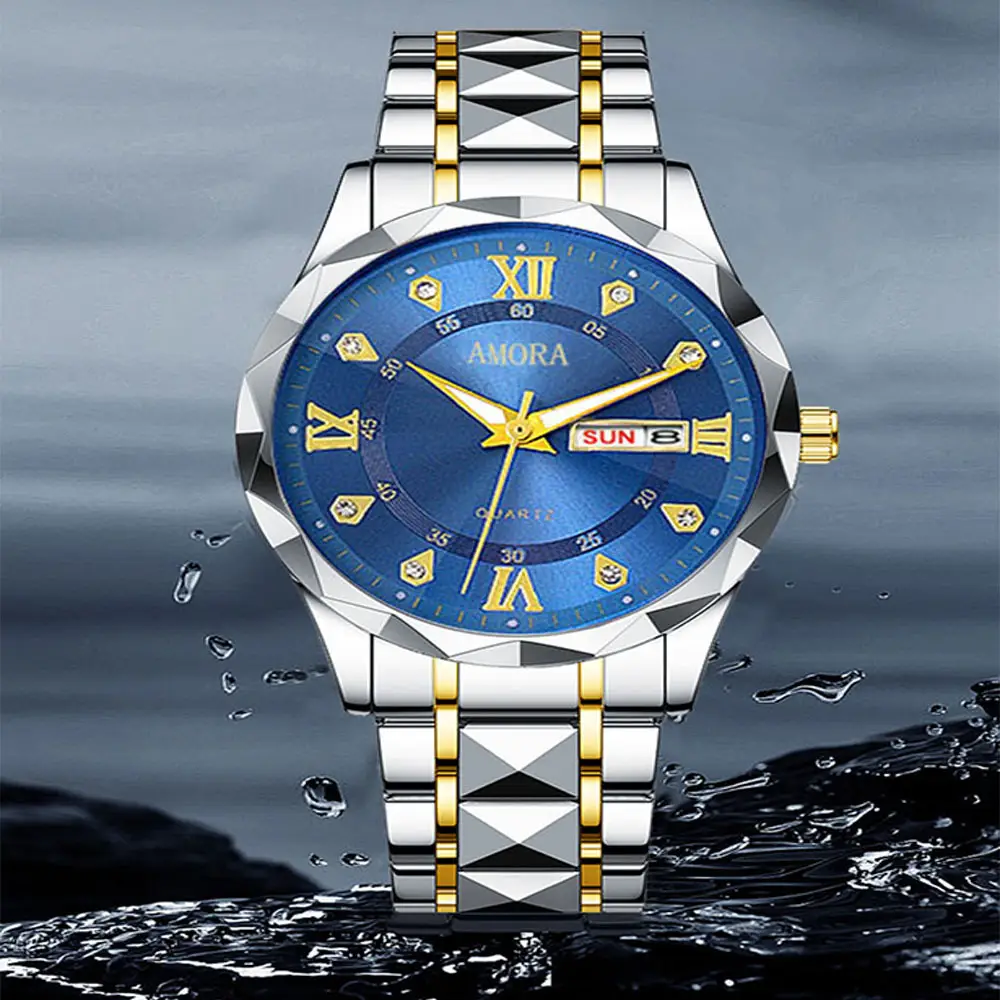 Men's Luxury Blue Dial Quartz Watch with Gold Bracelet - Image 4