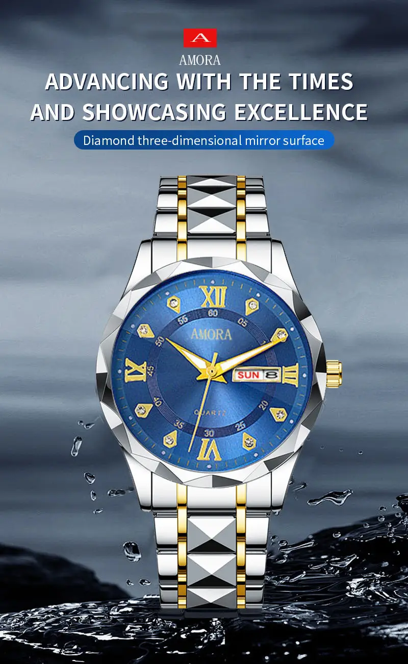 Men's Luxury Blue Dial Quartz Watch with Gold Bracelet — feature 1