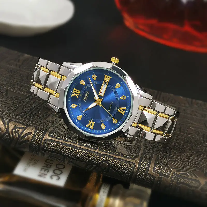 Men's Luxury Blue Dial Quartz Watch with Gold Bracelet — feature 3