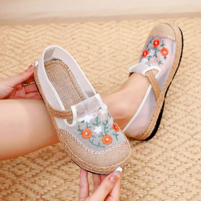 New Old Beijing Cloth Shoes Summer Women's Retro Soft-Soled Non-Slip Mesh Embroidered Shoes One-Legged Lazy Flat Slippers - Image 17