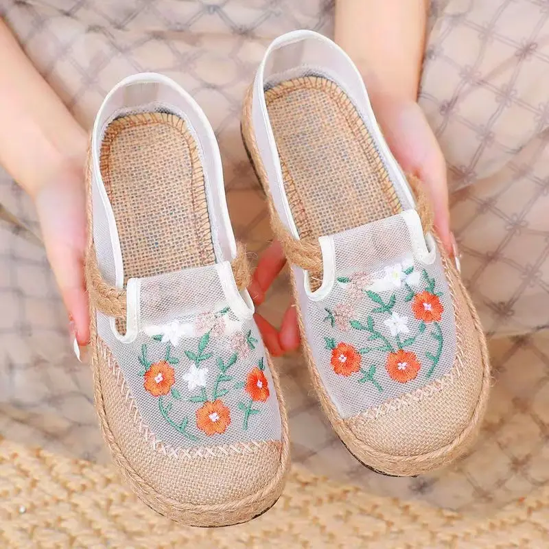 New Old Beijing Cloth Shoes Summer Women's Retro Soft-Soled Non-Slip Mesh Embroidered Shoes One-Legged Lazy Flat Slippers — feature 8