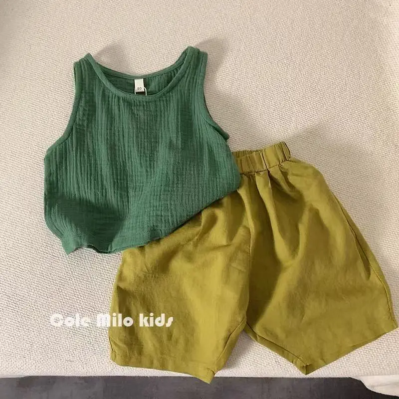 Green Textured Cotton Kids Vest Summer Sleeveless T-Shirt