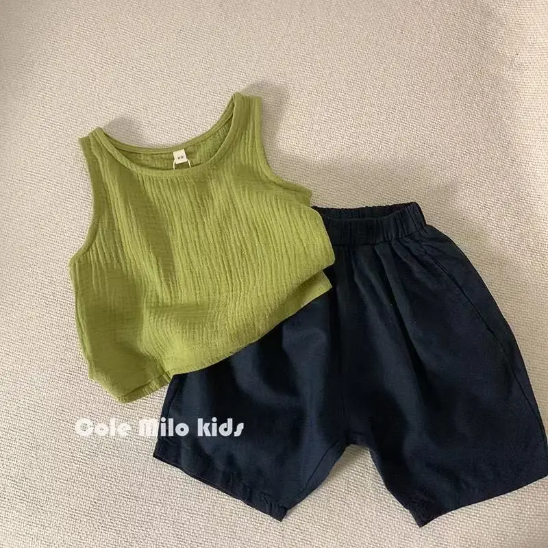 Green Textured Cotton Kids Vest Summer Sleeveless T-Shirt