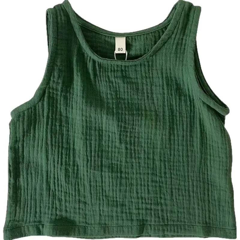 Green Textured Cotton Kids Vest Summer Sleeveless T-Shirt