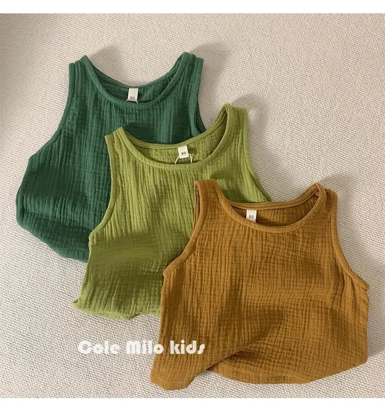 Green Textured Cotton Kids Vest Summer Sleeveless T-Shirt — feature 10