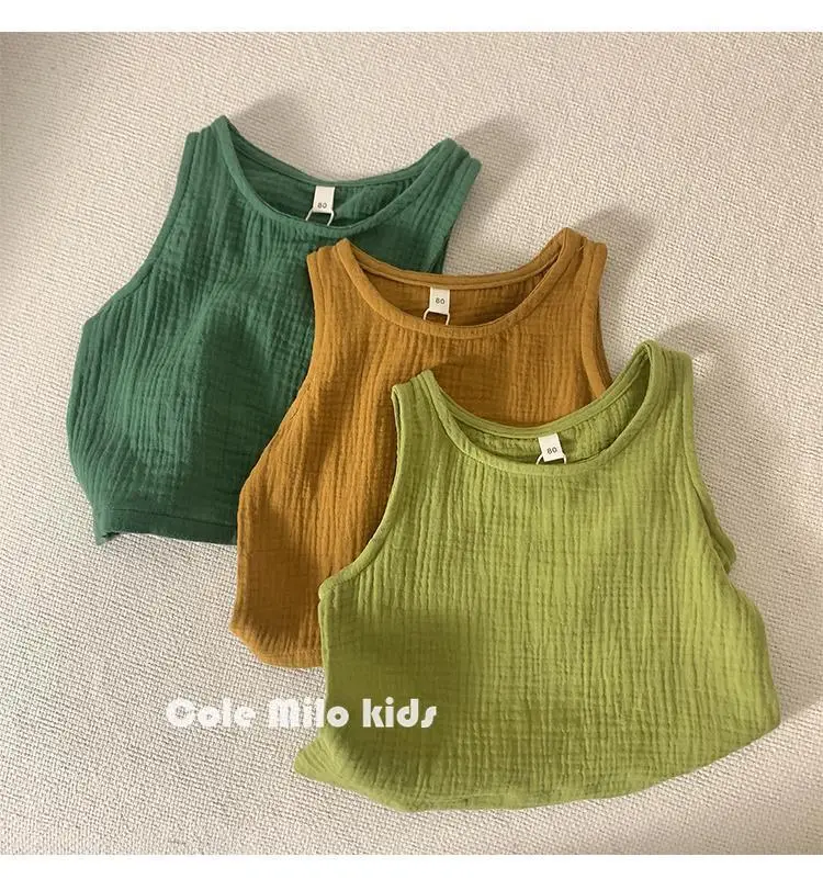 Green Textured Cotton Kids Vest Summer Sleeveless T-Shirt — feature 12