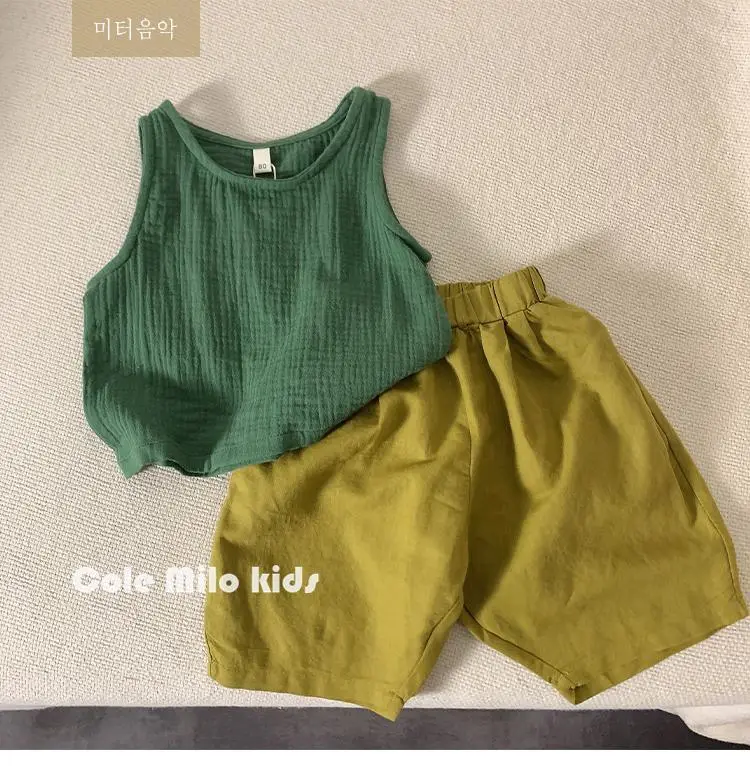 Green Textured Cotton Kids Vest Summer Sleeveless T-Shirt — feature 3