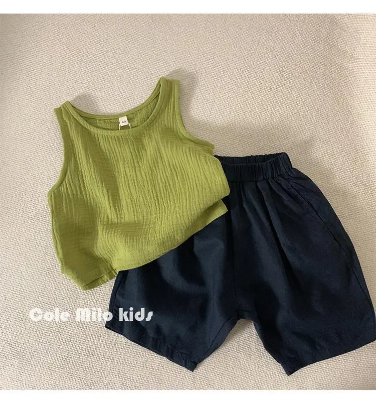 Green Textured Cotton Kids Vest Summer Sleeveless T-Shirt — feature 8