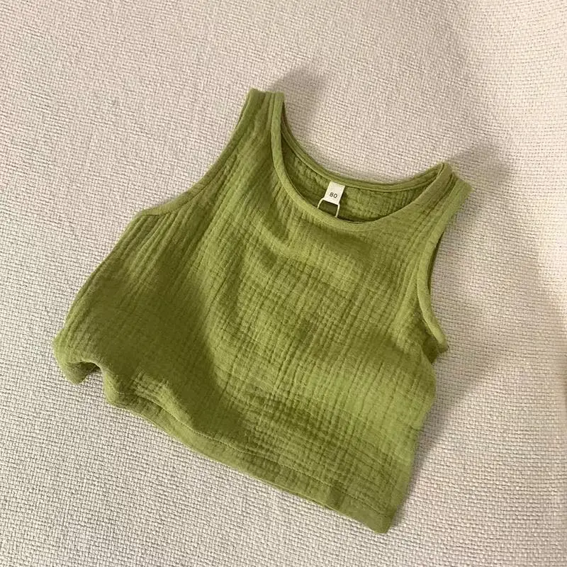 Green Textured Cotton Kids Vest Summer Sleeveless T-Shirt