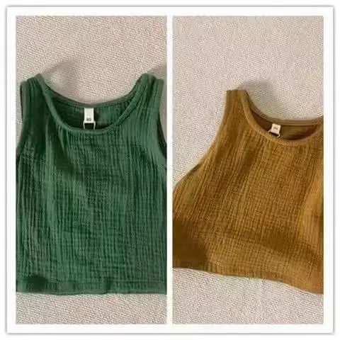 Green Textured Cotton Kids Vest Summer Sleeveless T-Shirt