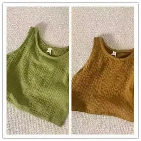 Green Textured Cotton Kids Vest Summer Sleeveless T-Shirt
