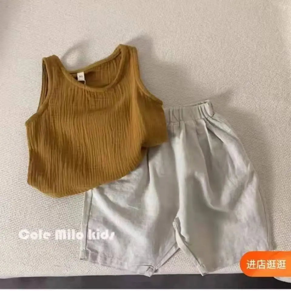 Green Textured Cotton Kids Vest Summer Sleeveless T-Shirt
