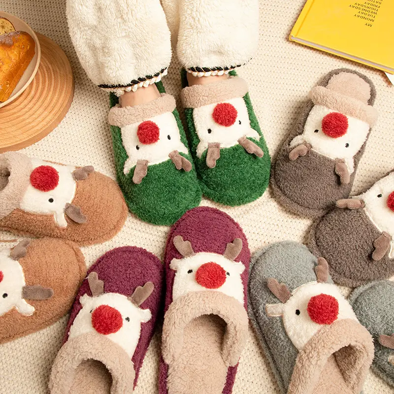 Cute Christmas Elk Fleece Slippers for Women Winter - Image 5
