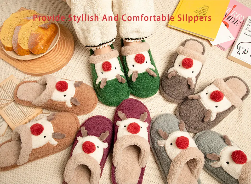Cute Christmas Elk Fleece Slippers for Women Winter — feature 1
