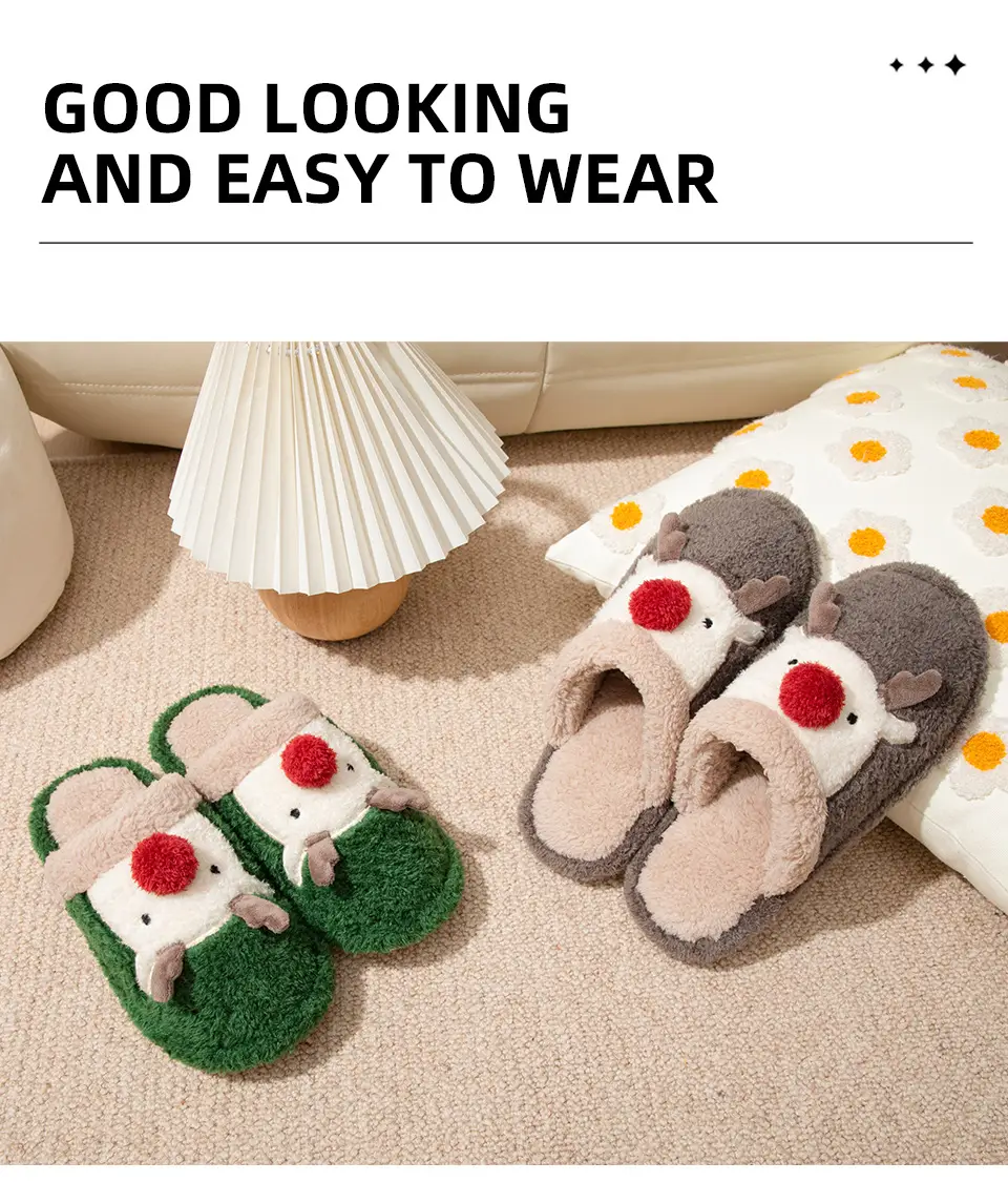 Cute Christmas Elk Fleece Slippers for Women Winter — feature 2