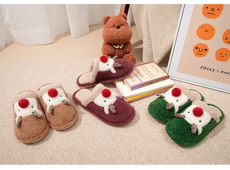 Cute Christmas Elk Fleece Slippers for Women Winter — feature 3