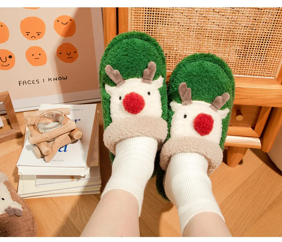 Cute Christmas Elk Fleece Slippers for Women Winter — feature 4
