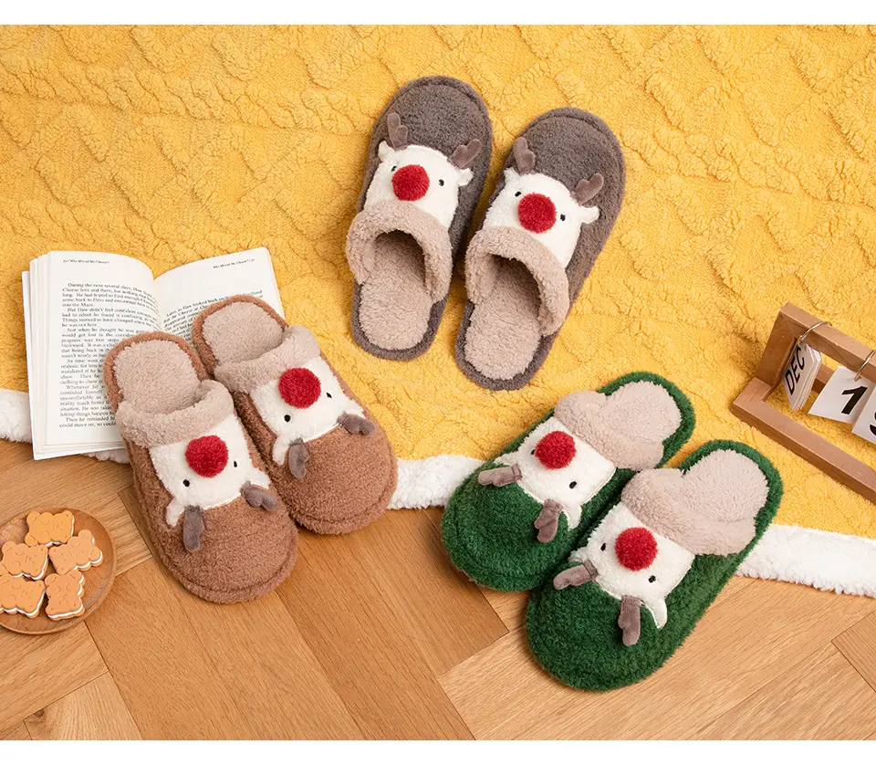 Cute Christmas Elk Fleece Slippers for Women Winter — feature 5