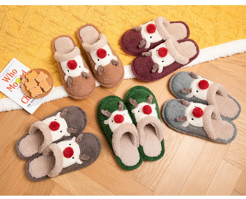 Cute Christmas Elk Fleece Slippers for Women Winter — feature 6