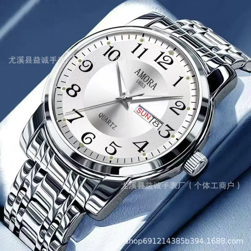 Men's Quartz Watch Gold Silver Band Calendar Display - Image 3